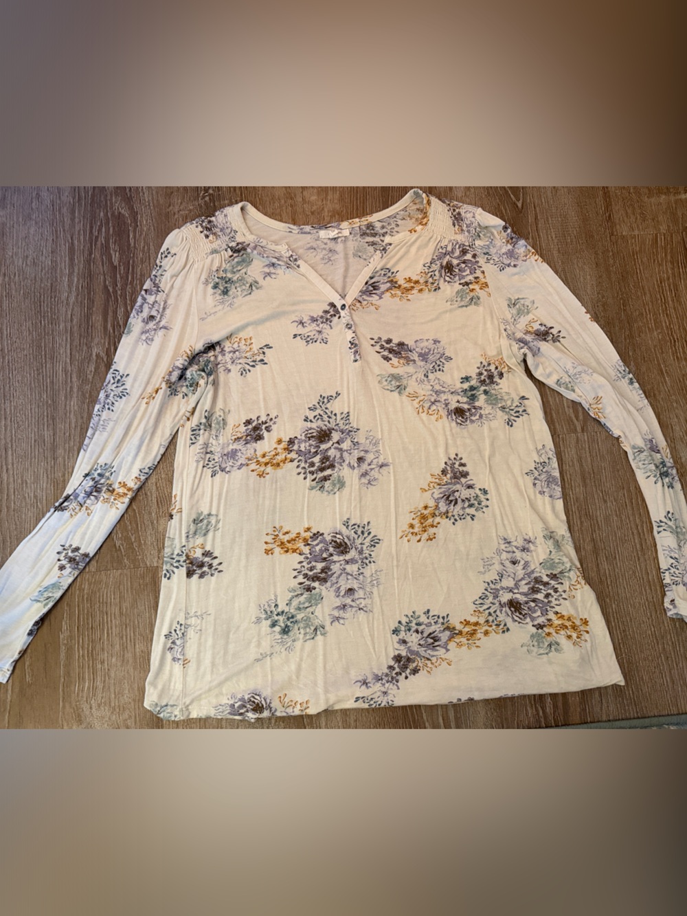 Maurices Cream Floral Long Sleeve Top with Purple & Mustard Accents